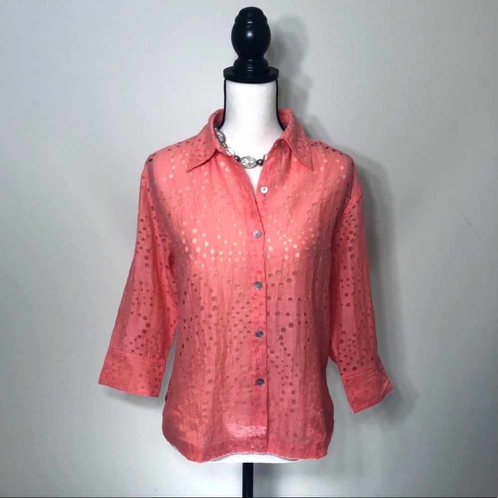 Choices Linen Coral Blush Eyelet Women’s Button Up Blouse Top Size Small S